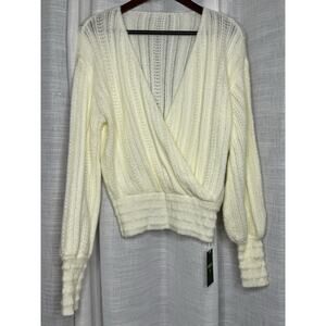 Halara Semi-Sheer V Neck Long Sleeve Sweater Womens Size XS Cream Faux Wrap